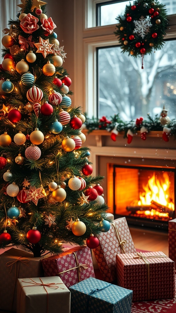 A decorated Christmas tree with gifts and a warm fireplace in a cozy holiday setting.